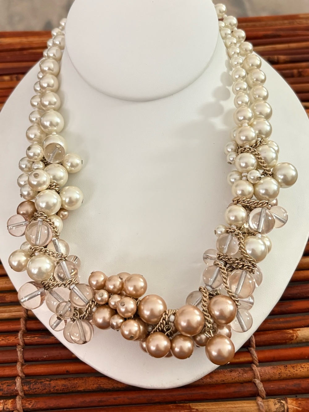 Talbots Clustered Pearl and Crystal Statement Necklace in Ivory  18.5”-21.5”